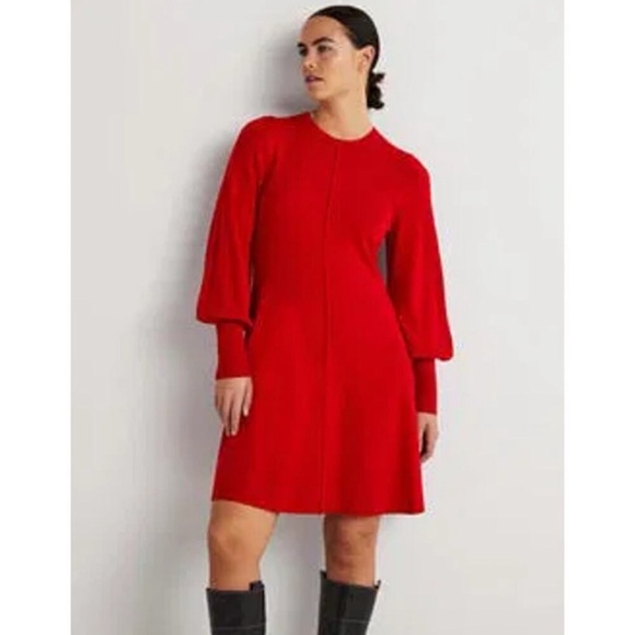 BODEN Cuff Detail Knitted Mini Dress Pointsettia Red Bishop Slv US 14R 14 NWT - Picture 1 of 12